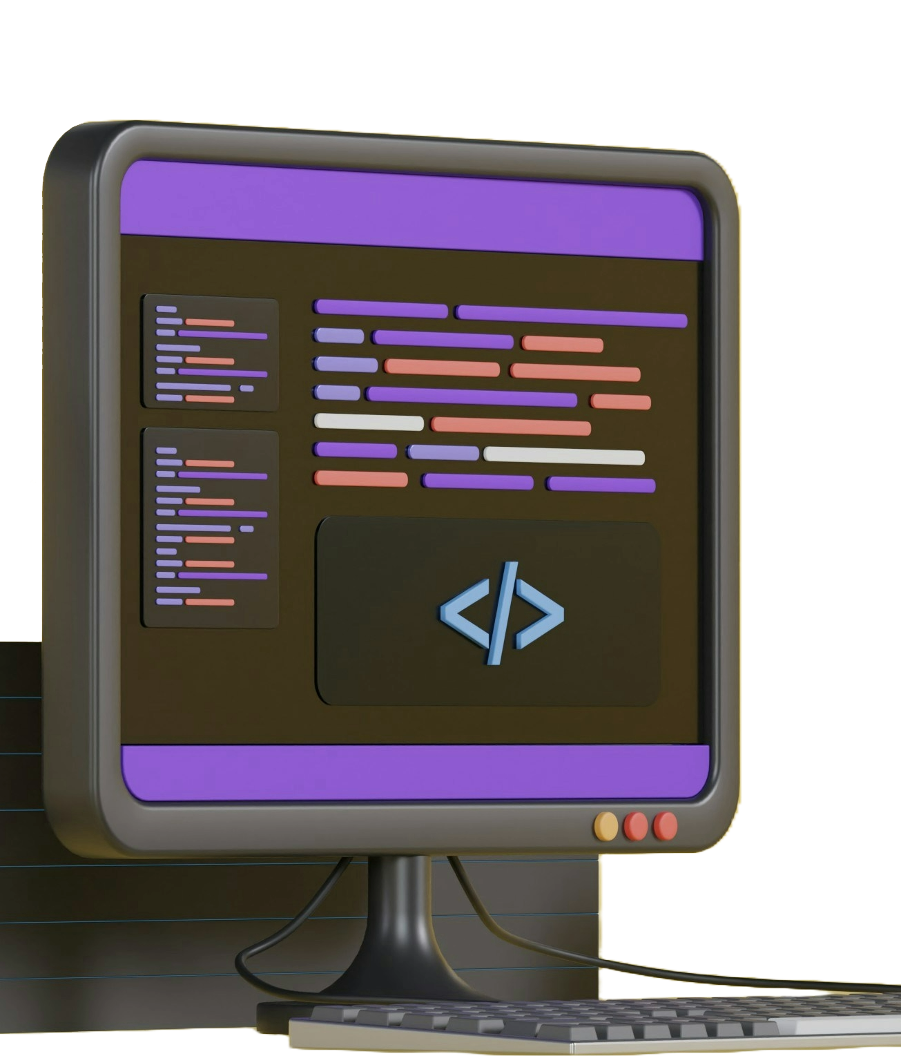 Ilustración 3D de una computadora con código